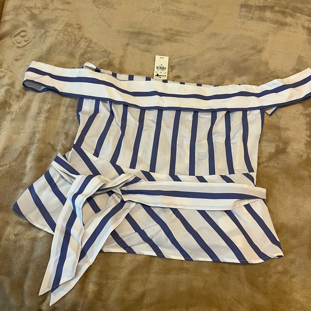 Express Blue and White Striped Off-Shoulder Blouse